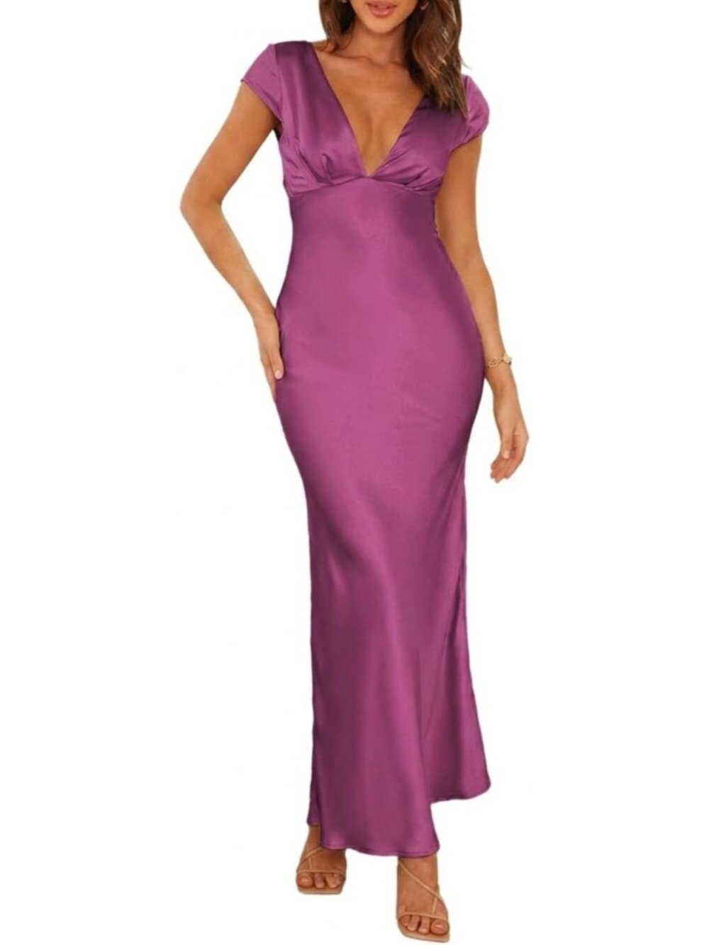 Women's Fuchsia Summer Satin V Neck Cap Sleeve Backless Wedding Guest Midi Dress